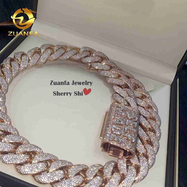 

zuanfa jewelry hip hop rose gold custom made name clasp miami vvs moissanite diamond cuban link chain with custom name clasp 25m, Silver