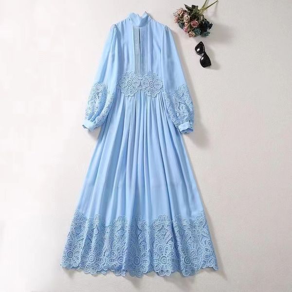 

european and american women's clothing 2023 autumn new long sleeve stand collar with blue embroidery fashion pleated dress xxl, Black;gray