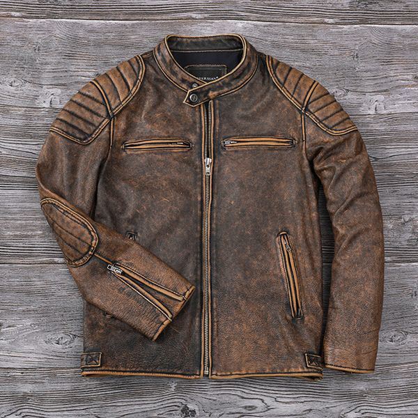 

men's jackets vintage distressed layer cowhide corium coat men stand collar moto spring autumn calfskin jacket 230812, Black;brown