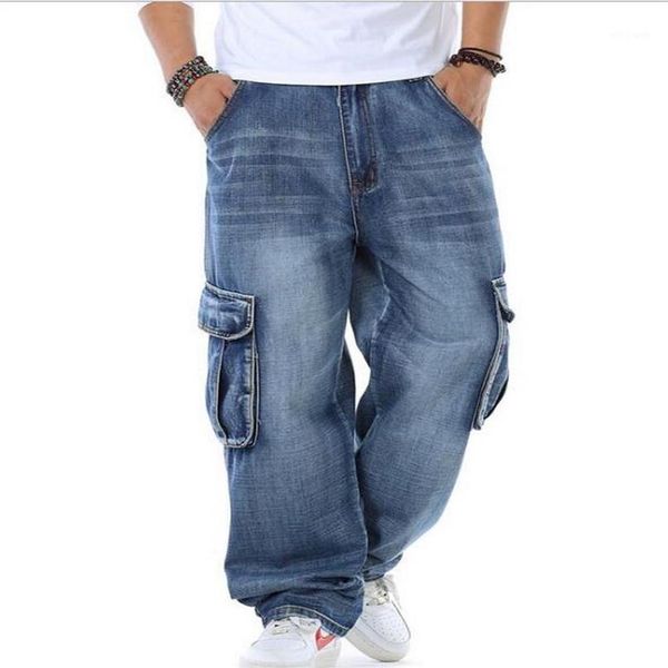 

men's jeans 2021 multi pocket wide leg loose for men hip hop baggy homme men's denim trousers plus size 42 44 461326v, Blue