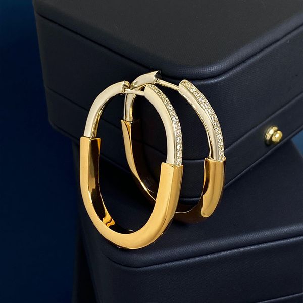 

brand new double colors u-shaped half diamond lock earrings lock series large earrings with green gift pouch, Silver