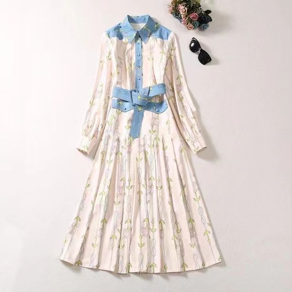 

european and american women's clothing 2023 autumn new lapel long sleeve patchwork print fashion belt pleated dress xxl, Black;gray