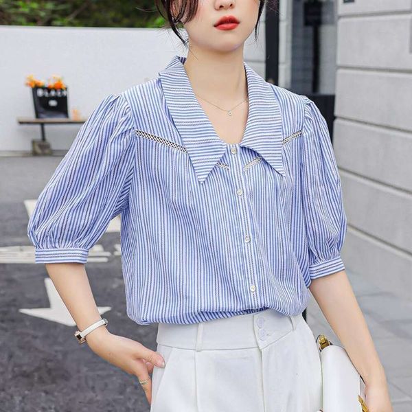 

french bubble shirts sleeves blue striped blouse womens summer design sense small simple fashion top, White