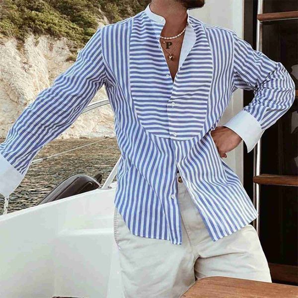 

men's casual shirts men irregular striped shirts long sleeve casual cotton linen shirts streetwear turn down collar blue blouse camisa, White;black