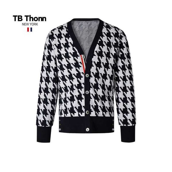 

trendy tb thonn double-sided jacquard cardigan men's autumn/winter american fashion dropped bird checker knitted shirt coat, Black;brown