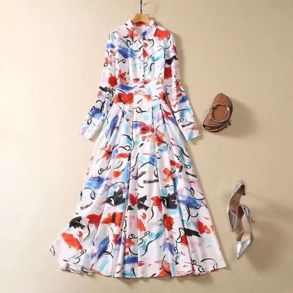 

european and american women's clothing 2023 autumn new long sleeve lapel graffiti print fashion pleated dress xxl, Black;gray