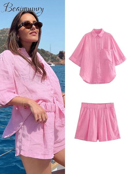

women's two piece pants casual solid shirt shorts set women beach three quarter turndown collar button shirts wide leg elastic waist pa, White