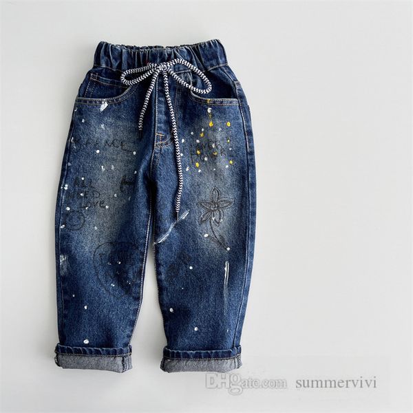 

fashion boys graffiti jeans kids letter flowers printed denim pants 2023 autumn children bows elastic cowboy trousers z3512v, Blue