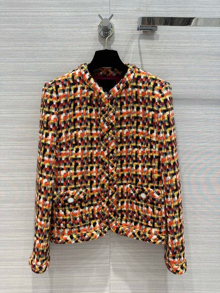 

new autumn winter 2023 fashion contrast plaid woven tweed coat women v-neck covered buttons pockets sweet vintage blends jacket, Black;brown