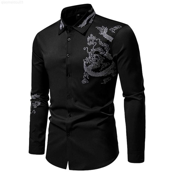 

men's casual shirts dragon embroidery black shirt men autumn winter single breasted long sleeve slim fit button retro social dress shir, White;black