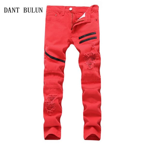 

men jeans straight casual jeans fashion design slim elasticity men pants zipper white red black long trousers ts009236o, Blue