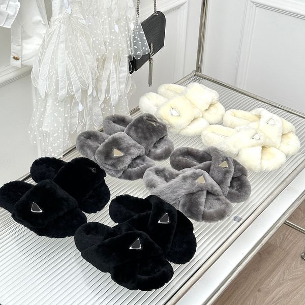 

fluffy slippers for ladies luxury designer australia real wool womens shoes triangle metal lazy fuzzy slippers female slides scuffs flip flo, Black
