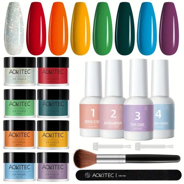 

aokitec 16pcs dip powder nail kit fall rainbow color glitter dipping powder starter set diy salon dip system liquid nails art kits