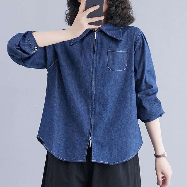 

spring and blouses summer large size womens clothing retro double headed zipper denim shirt loose long sleeved, White