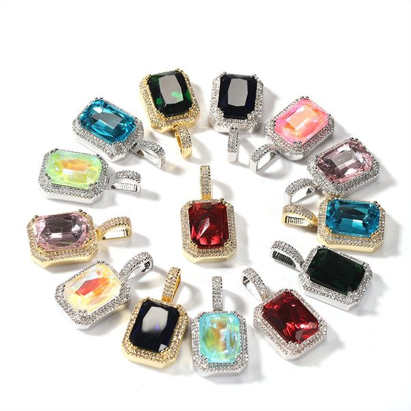 

hip hop men women rapper shiny diamond pendant necklace rhinestone square colorful gem zircon pendant jewelry night club sweater rope chain, Silver