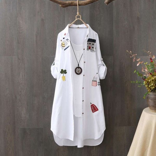 

summer artsy loose blouses embroidered medium and long sunscreen t shirt for women spring autumn korean all match, White