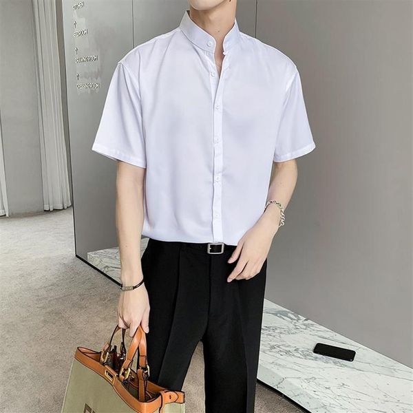 

men's casual shirts solid color short sleeve for men 2021 summer loose stand-up collar dress shirt camisas para 236n, White;black