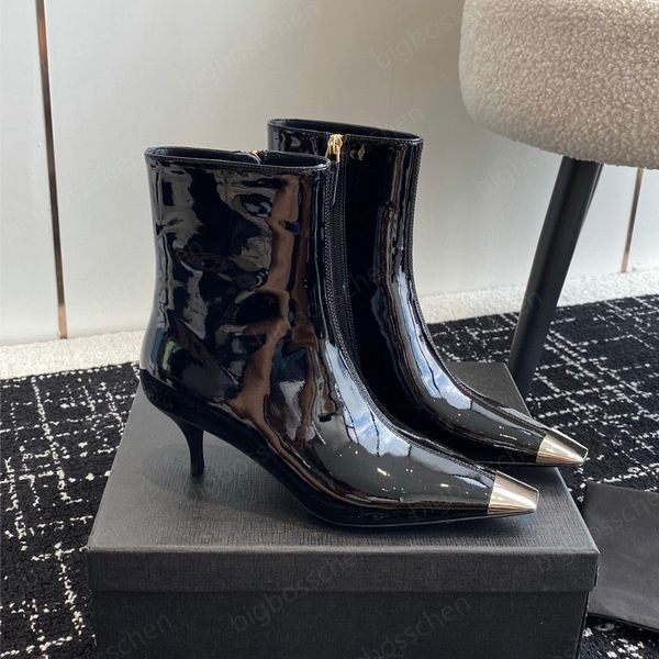 

patent leather combat boots ankle boots high heels kitten-heel boots 6.5cm fashion booties women's designer shoes dress shoes dinner pa, Black