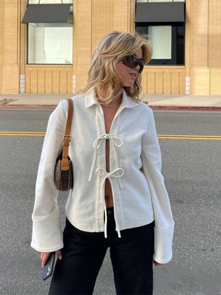 

womens jackets women front tieup cardigan coat autumn solid color cut out long sleeve lapel shirts vintage harajuku outwear streetwear 23081, Black;brown