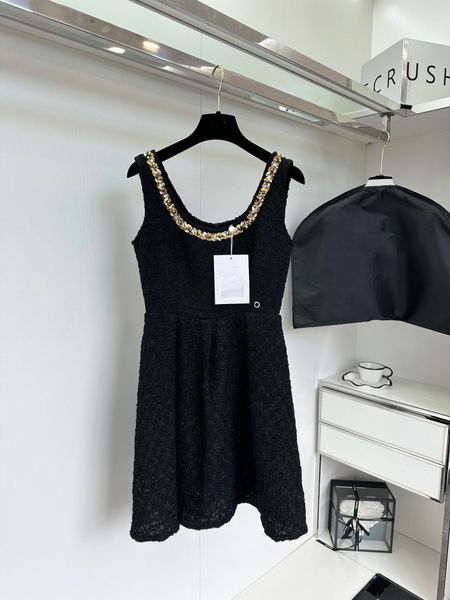 

new 2023 spring autumn black sequin lady elegant tweed dress women o-neck sleeveless vintage high waist a-line mini dresses, Black;gray