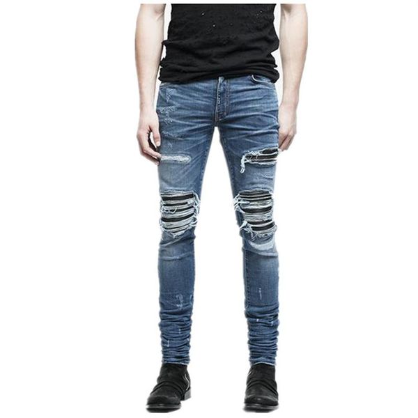 

men fashion brand designer ripped biker jeans distressed moto denim joggers destroyed knee black leather pleated patch jeans2980, Blue