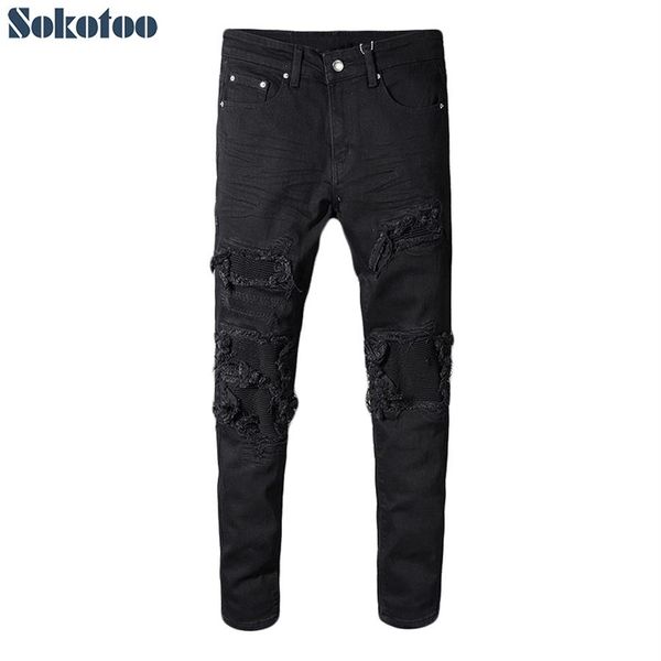

sokotoo men's black patchwork stretch denim biker jeans for motorcycle slim fit skinny ripped pencil pants290s, Blue
