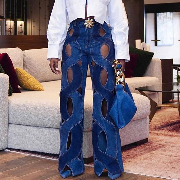 

women's jeans criss cross hollow out jeans for women casual streetwear straight denim pants fashion wide leg jeans 230812, Blue