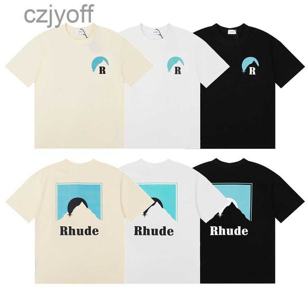 

american high street fashion brand rhude blue sunset classic print summer loose casual men's and women's same short sleeve t-shirt, White;black