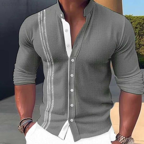 

men's casual shirts vintage patchwork striped cotton linen shirt men loose long sleeve stand collar buttoned for men fall casual beach, White;black