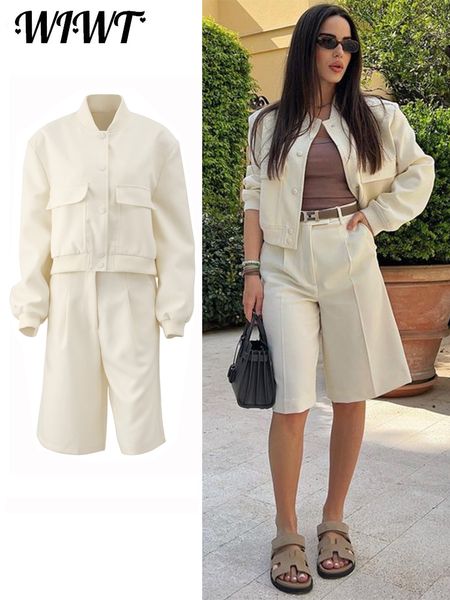 

women's two piece pant pilot jacket shorts sets 2023 spring long sleeve pockets hidden breasted coats female zip pleated streetwear out, White