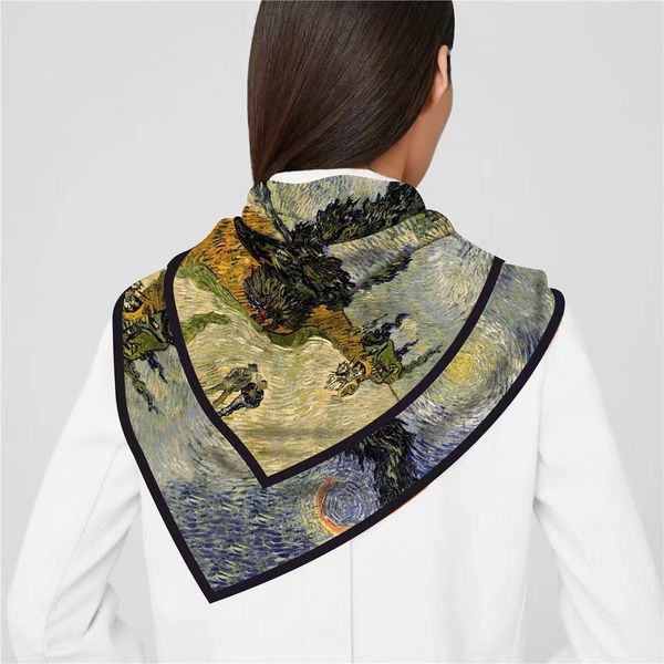 

vg oil painting series scarves hangzhou high-quality twill silk cypress and star, Blue;gray