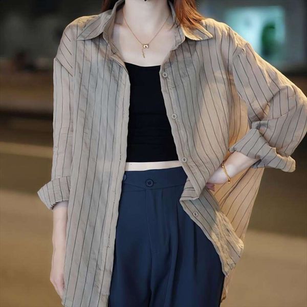 

korean design striped hollowed out shirt suit sunblock clothes womens drooping fashion temperament light luxury, White