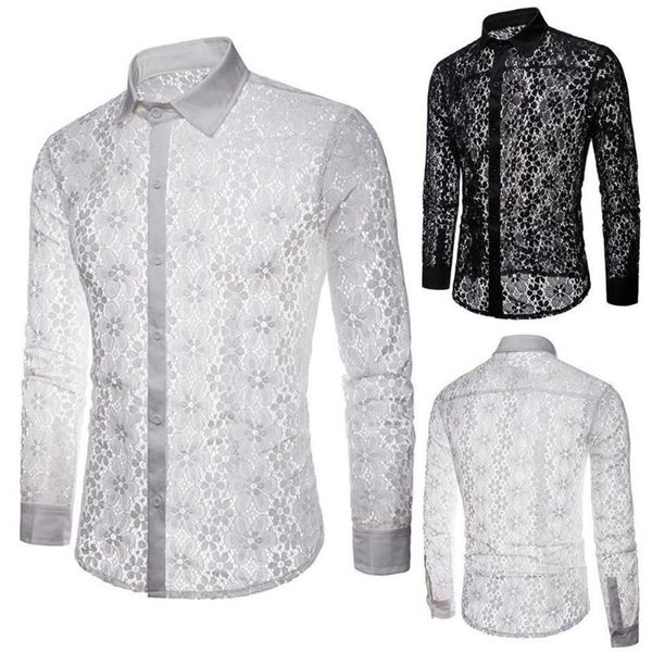 

men long sleeve solid color lace see through clubwear buttons down shirt men's casual shirts1535, White;black