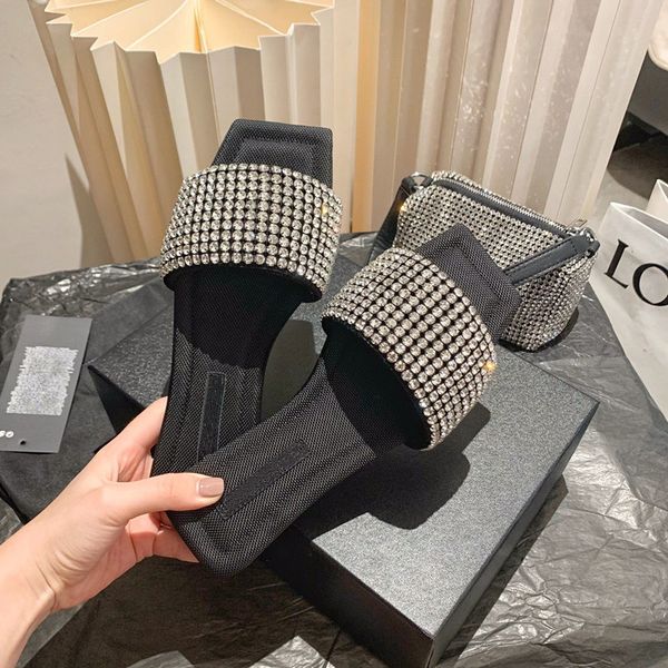 

luxury rhinestone flat bottom slippers for women outwear 2023 summer new fashion square head open toe sandals size 35-40, Black