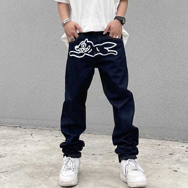 

men's jeans high street men flying dog print straight loose casual denim pant vintage harajuku washed trousers hip hop streetwear male, Blue