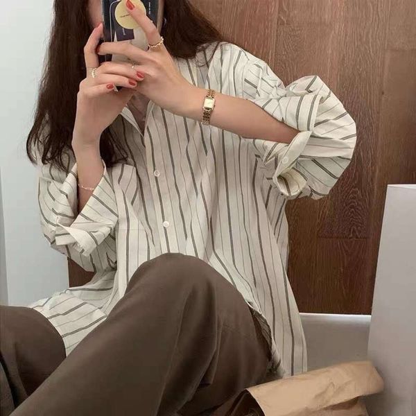 

spring and summer shirts womens long sleeved chic design sense small t shirt with vertical stripes white apricot