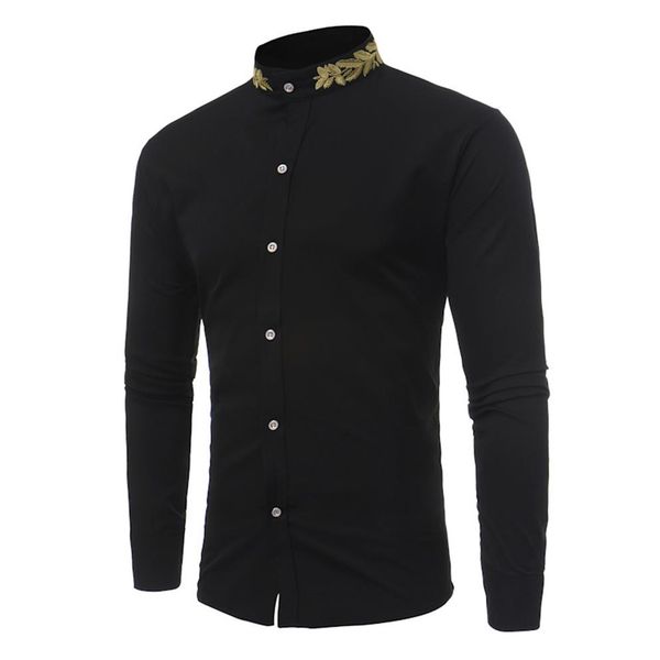 

men's new fashion casual personality wheat ear embroidery stand collar shirt autumn winter male long sleeve shirt269b, White;black