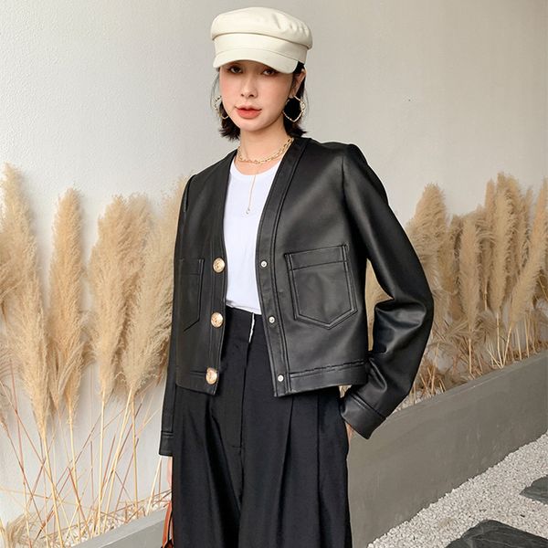 

women's leather faux jacket 2023 spring and autumn casual short sheepskin single breasted vneck double pockets genuine coat 230812, Black