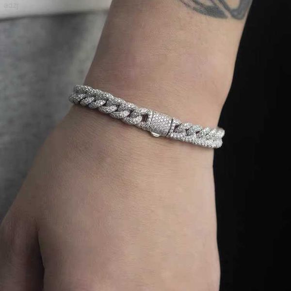 

925 solid silver iced out 9mm wide set 5a cz diamond bracelet cuban link chain