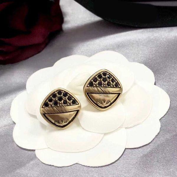 

brand stud jewelry vintage diamond shaped black diamond studded earrings for women ear pendants including box gift choice, Golden;silver