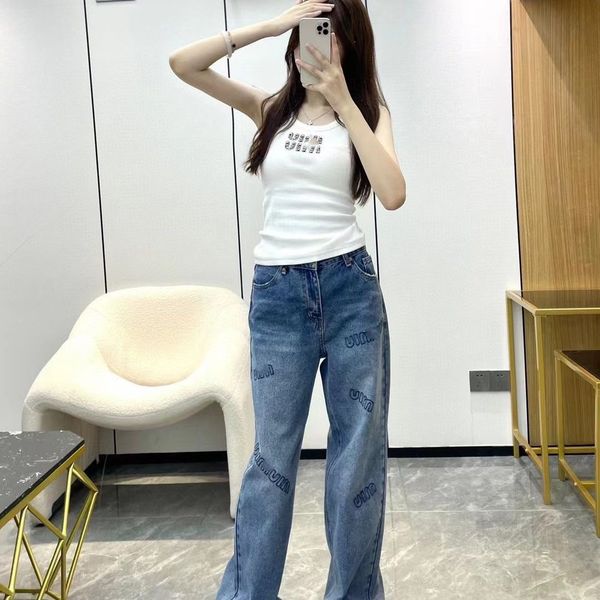 

2023-mi embroidered jeans 2023 new wide leg pants fashion versatile high waist slim covering pants, Blue