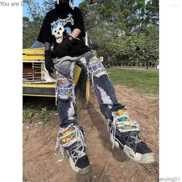

men's jeans mens retro patchwork grey pants grunge wild stacked ripped long trousers straight y2k baggy washed faded for men, Blue