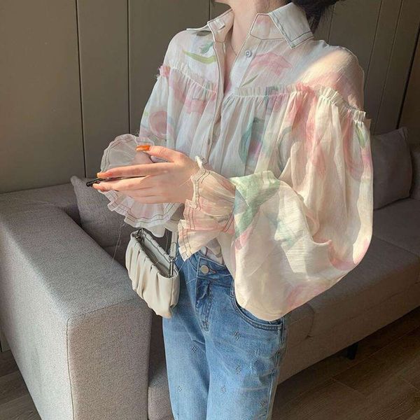 

item french womens clothing refined floral shirt style puff sleeve t, White