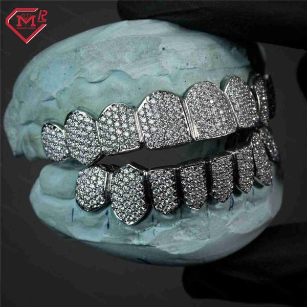 

custom made hip hop jewelry grillz or bottom visible 925 sterling silver teeth mouth fully iced out vvs moissanite grillz, Golden