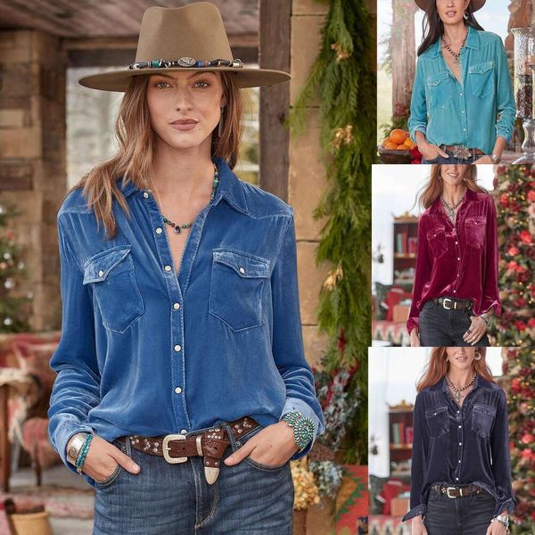 

loose casual all matching work shirt retro gold velvet long sleeved for women, White