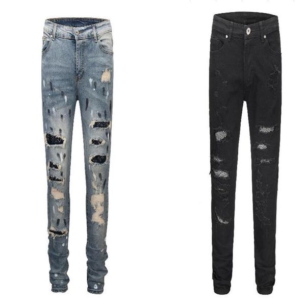 

men's jeans 2021 r clothes bottom side splash-ink ripped men hip hop fashion casual drawstring hole black blue 30-226o
