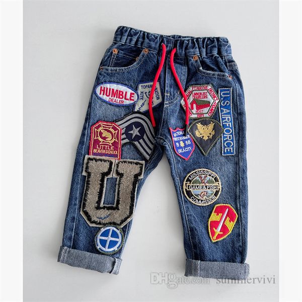 

fashion boys letter appliques patch jeans kids elastic waist denim pants 2023 autumn children casual cowboys trousers z3520, Blue