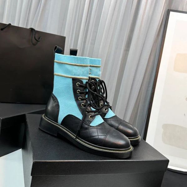 

new knit ankle boots round toe flat heels for girls women luxury designer leather sole fashion ins booties shoes factory footwear size 35-41, Black