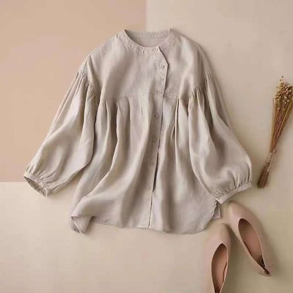 

large sized blouses cotton and linen loose pure colored lantern sleeve shirt for women comfortable doll nine point, White