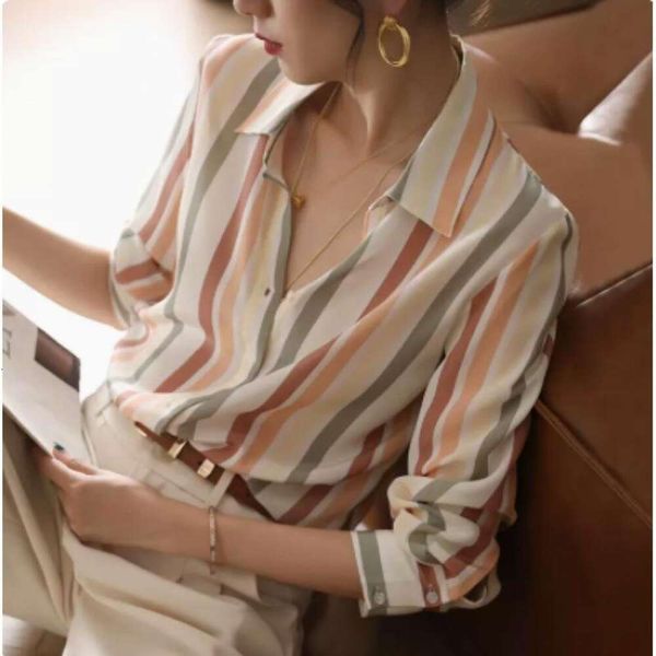 

striped shirt womens long sleeved spring wear niche retro silk slimming, White